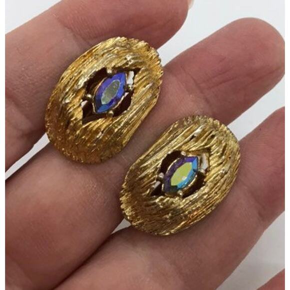 Swank Cuff Links Vintage Mid Century Gold Nuggets Blue Smoke AB Rhinestones - Picture 6 of 7